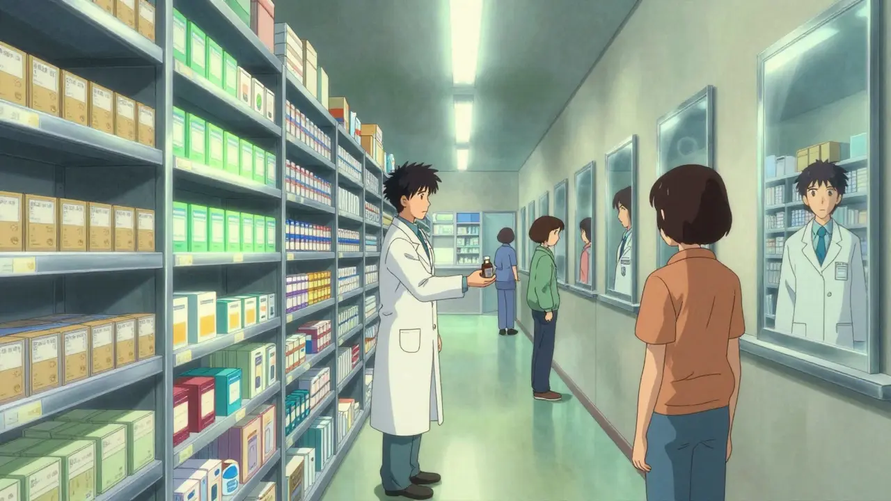 Endless pharmacy aisle with hesitant patient and pharmacist.