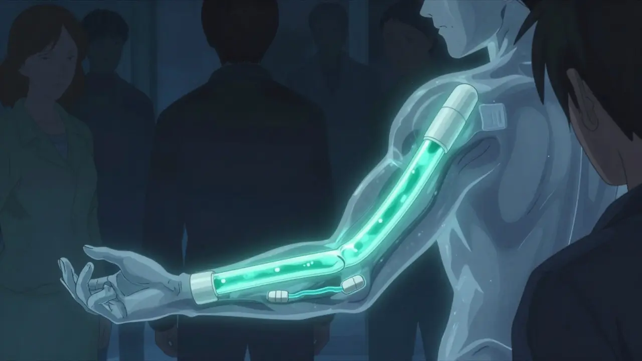Glowing absorption streams inside stylized arm silhouette.