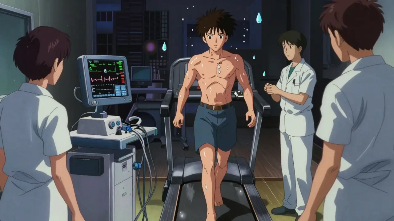 Person walking on treadmill during stress test in anime art.