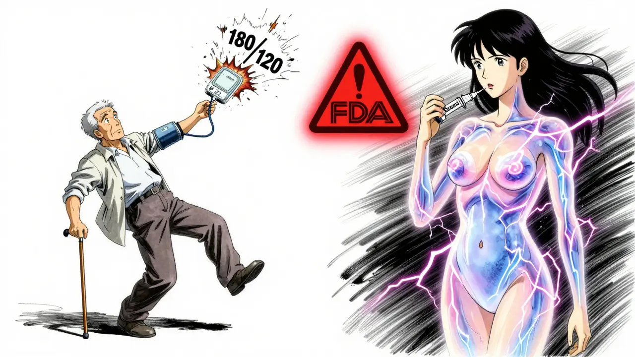 Split scene of an elderly man collapsing from high blood pressure and a woman injecting Saxenda, with glowing warning symbols between them.