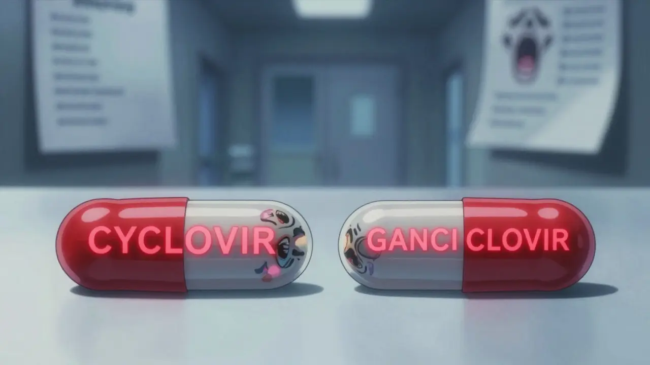 Two nearly identical pill capsules reflect distorted hospital scenes, their names glowing with warning red letters.