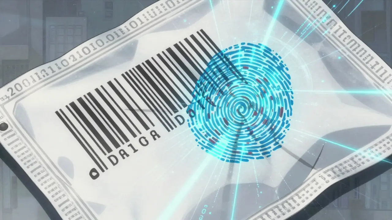 A 2D barcode transforming into a digital fingerprint with swirling data, anime style