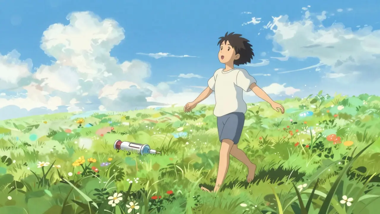 A person happily gardening in a sunny meadow, feeling free from allergy fear in anime style.