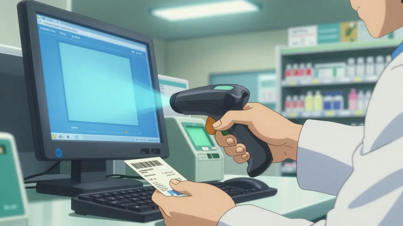 A pharmacy technician using a barcode scanner to verify a patient's identity in anime style.