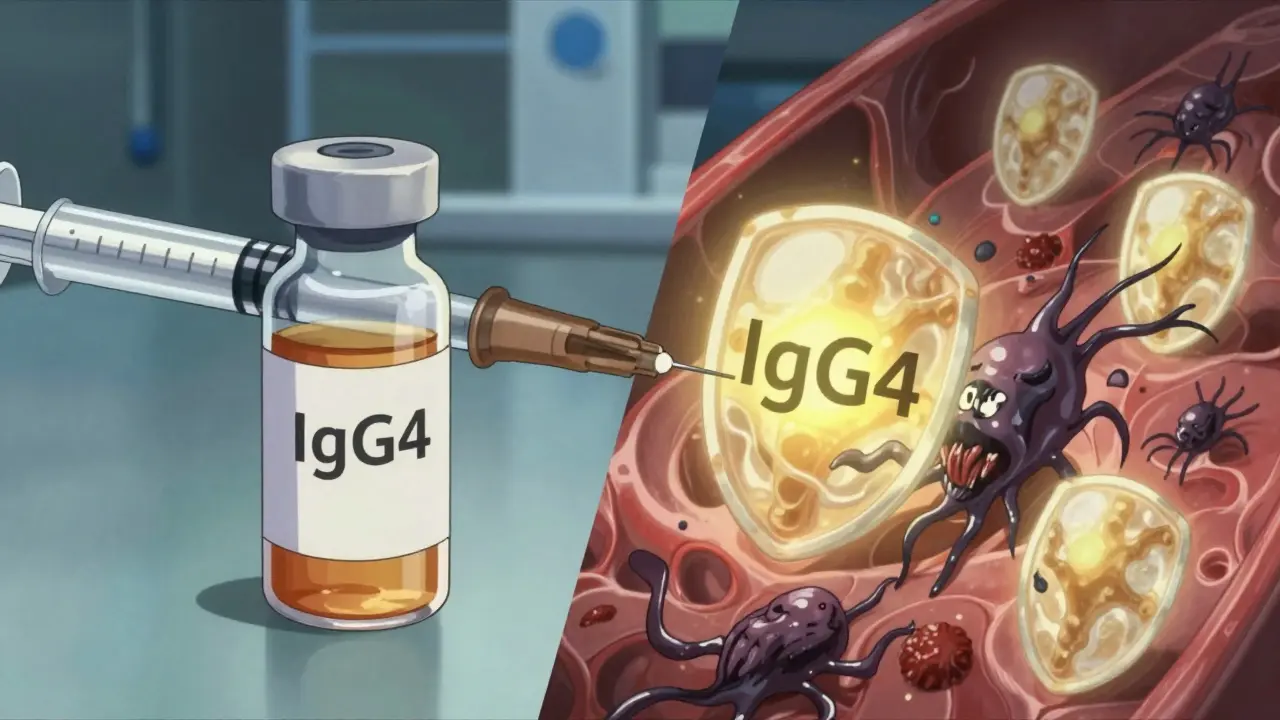 A split scene showing a medical injection and glowing antibodies blocking venom in a bloodstream.