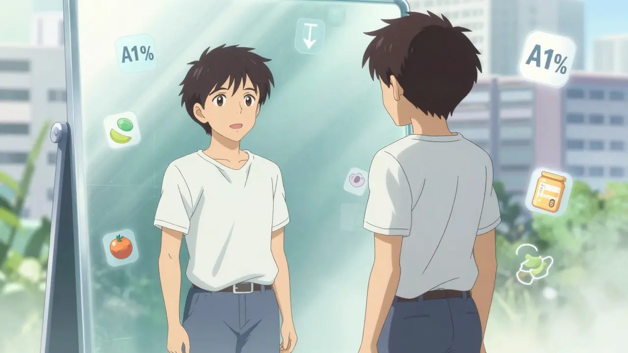 Anime person looking into a mirror reflecting a healthier, transformed version of themselves.