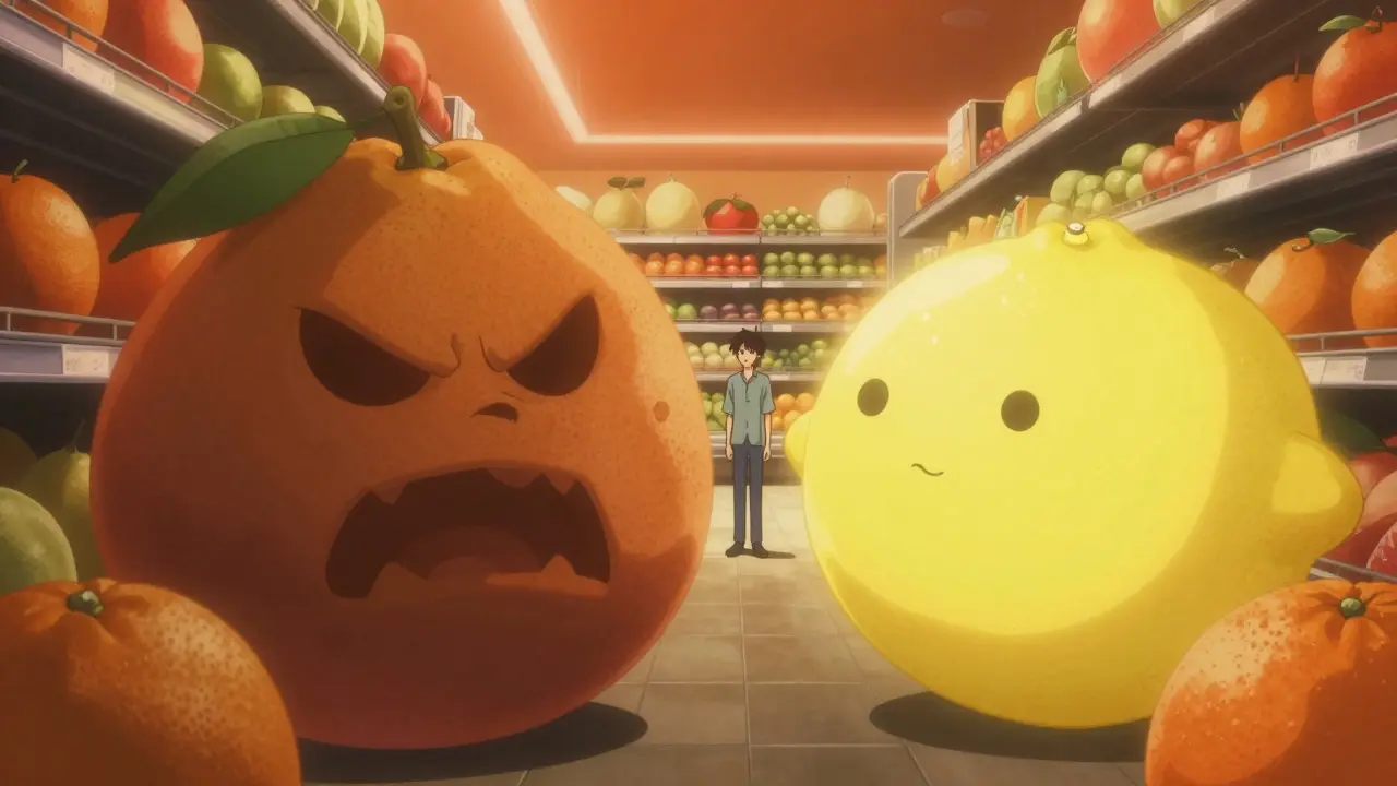 Anime scene showing a character choosing between safe oranges and risky grapefruits in a surreal store