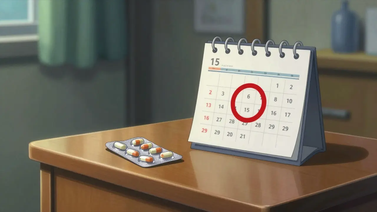 Close-up of medication and a marked calendar on a bedside table in a stylized room.