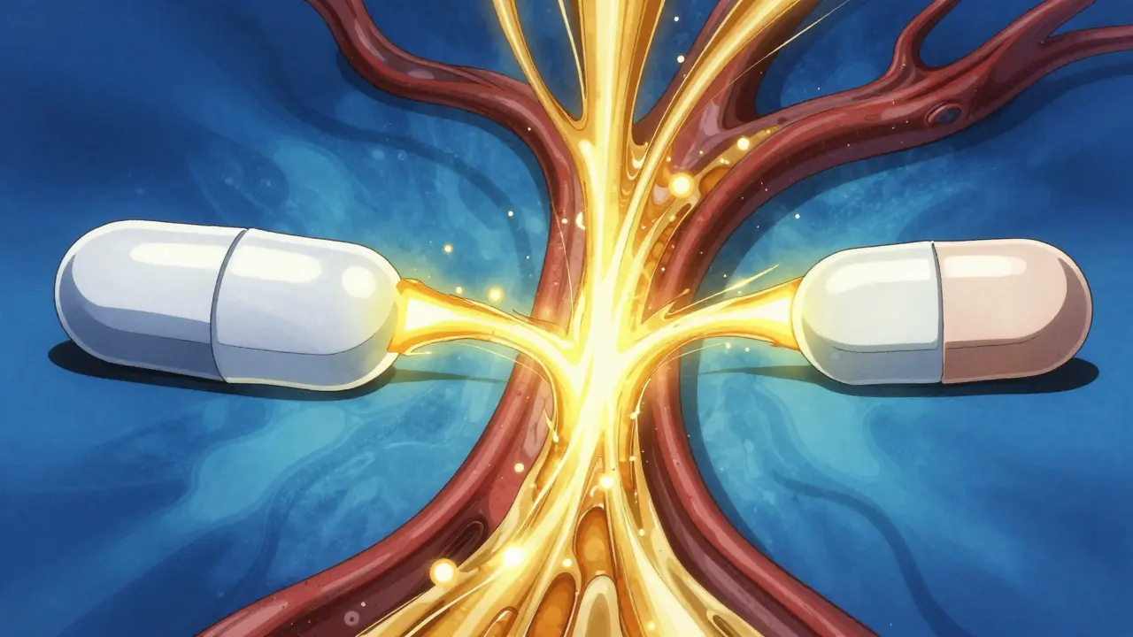 Comparison of brand and generic drugs showing identical active ingredients flowing into a bloodstream.