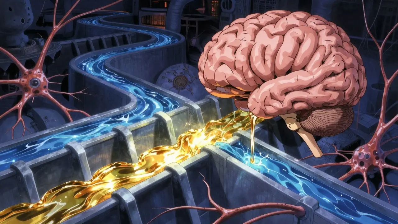 Conceptual anime art of futuristic dams blocking chemical flows within a brain network.