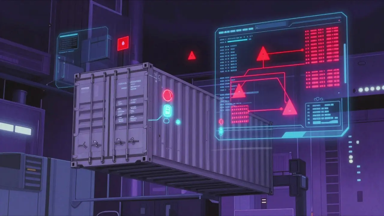Futuristic supply chain with IoT sensors and AI red alerts in a dark, neon cityscape style