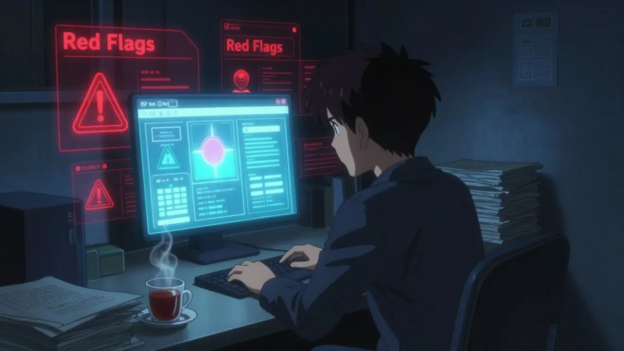 Person cautiously reviewing online pharmacy warnings on a screen in a dimly lit room