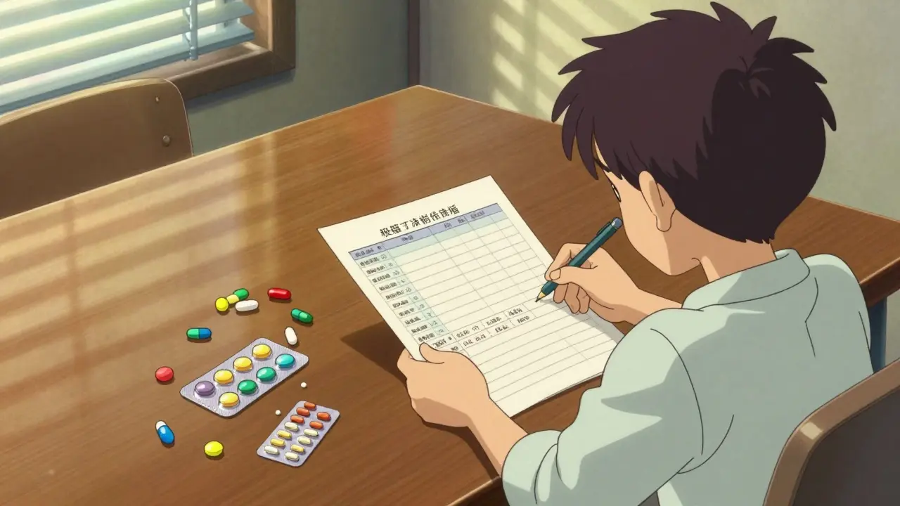 Person organizing different colored generic and brand pills with a medication log.