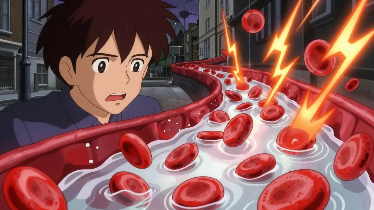 Satoshi Kon style split-screen showing a person and the effect of blood thinning in the bloodstream