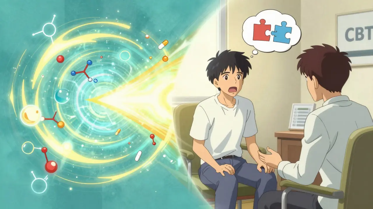 Split-screen anime image showing the combination of medication and therapy for mental health.