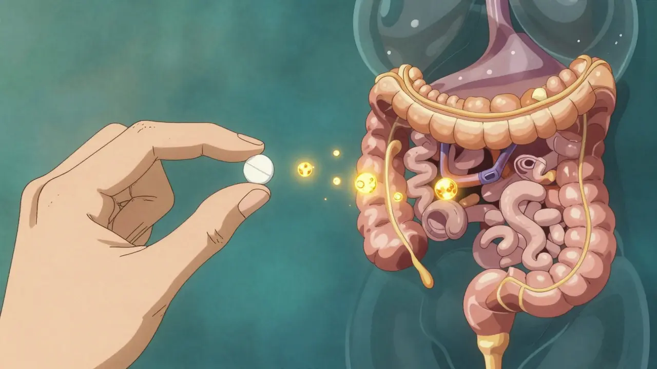 Split screen showing a generic pill and a conceptual internal view of slow medication release