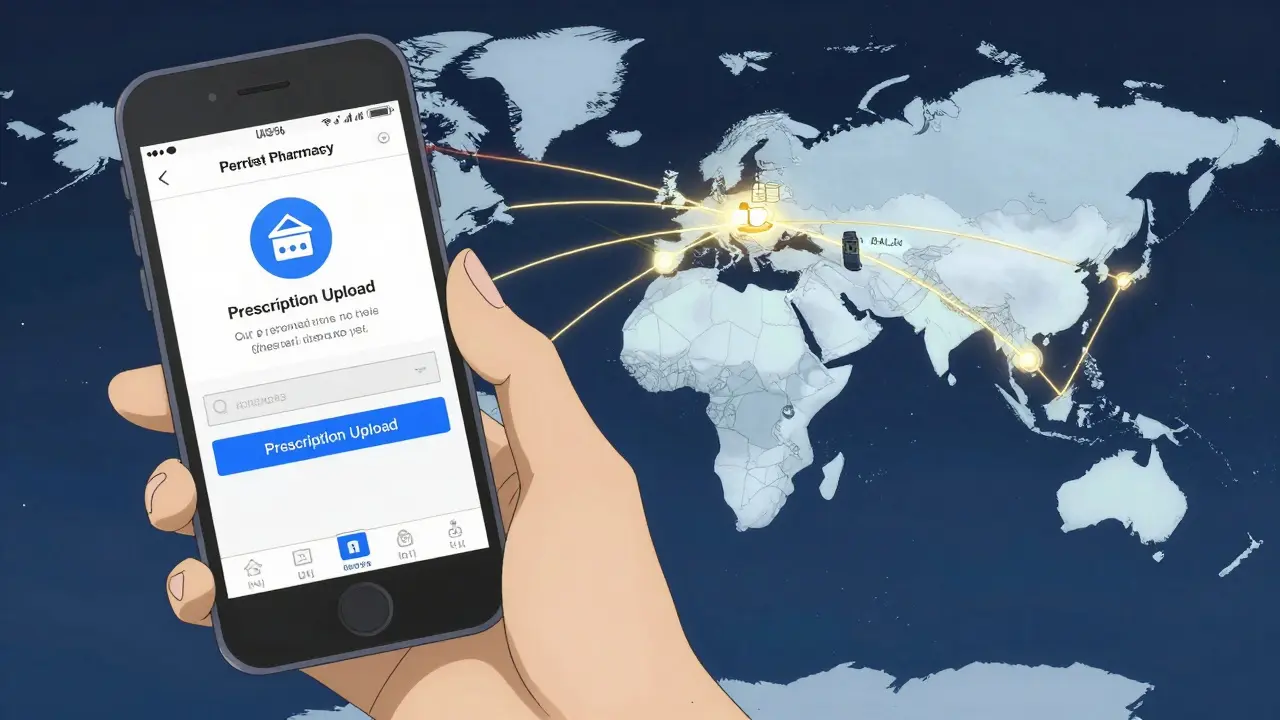 Split screen showing a prescription upload on a phone and a global shipping map.