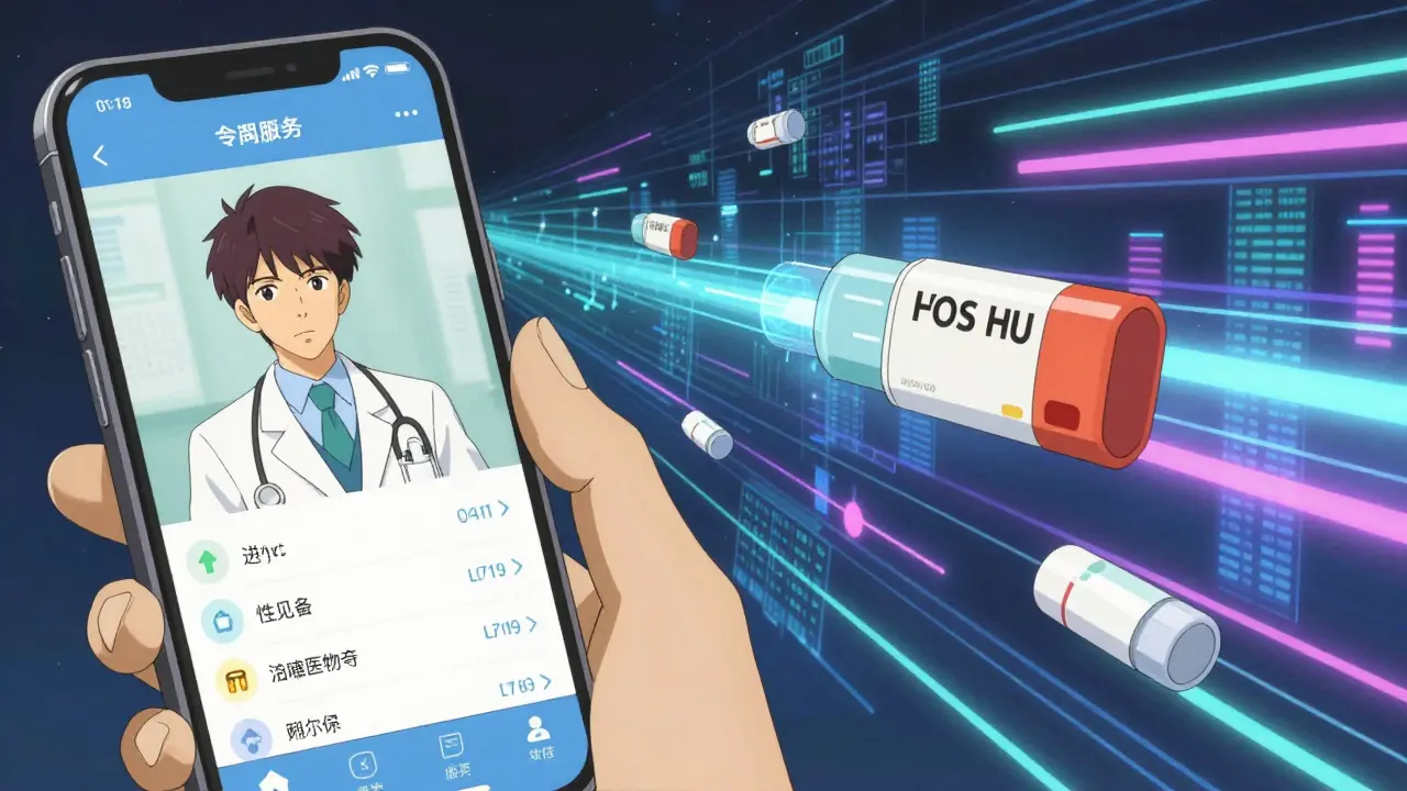 Split screen showing a telehealth appointment and a digital prescription being sent