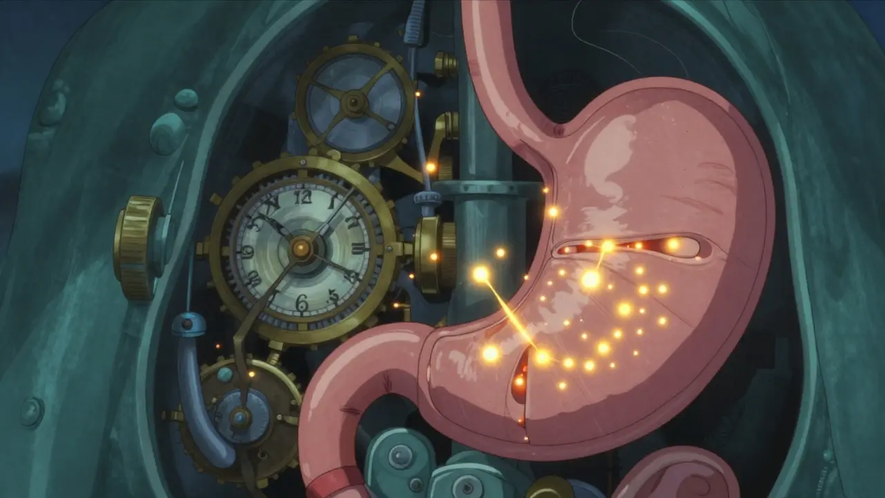 Stylized anime internal view of a pancreas and stomach with glowing hormone particles.
