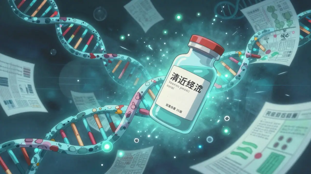 Stylized anime visualization of genetic DNA and personalized medicine.