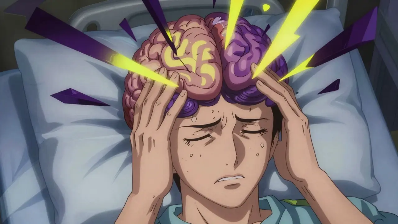 Surreal anime depiction of a patient experiencing a severe, crushing headache.