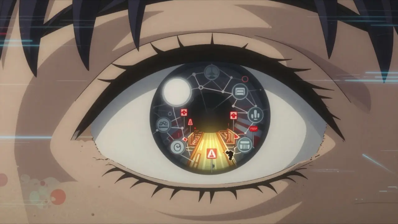 Close-up of an eye reflecting a digital maze of verification seals and warnings in Satoshi Kon style.