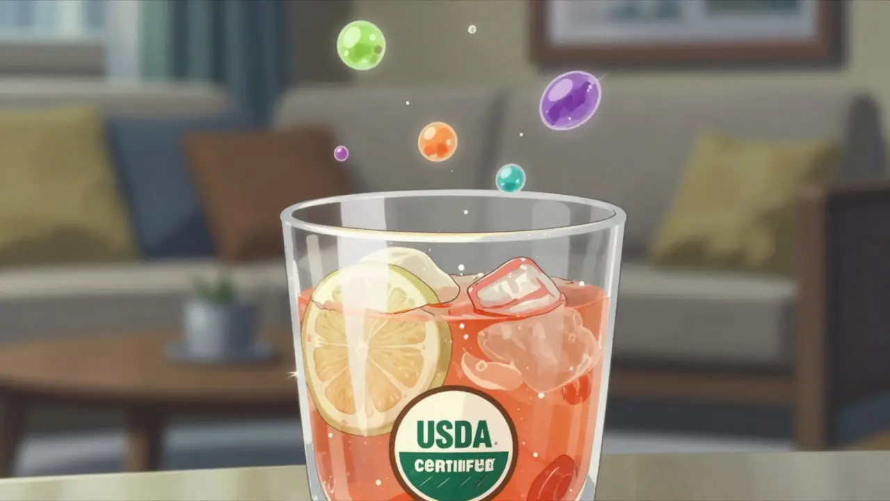 Close-up of sparkling Avana cocktail bubbles turning into abstract colorful visions in anime style.