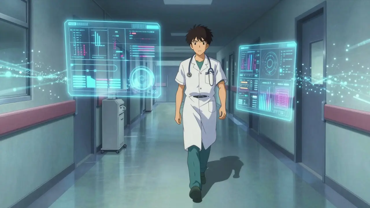 Doctor walking through hospital corridor transforming into data streams