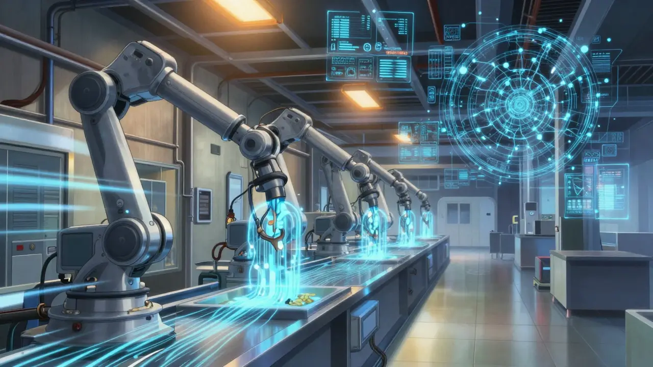 Futuristic continuous manufacturing plant with AI data overlays in anime art style.