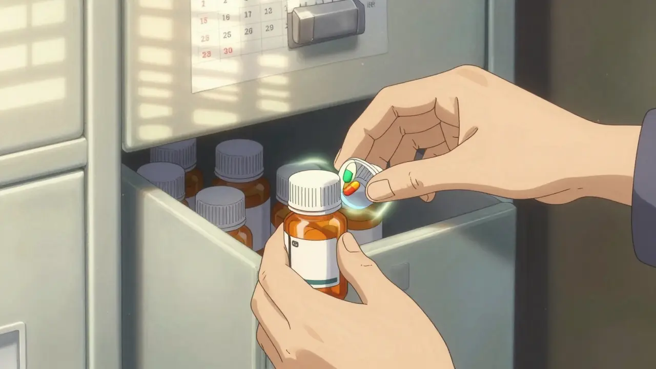 Hands storing generic medicine in a cabinet with sunlight streaming through blinds