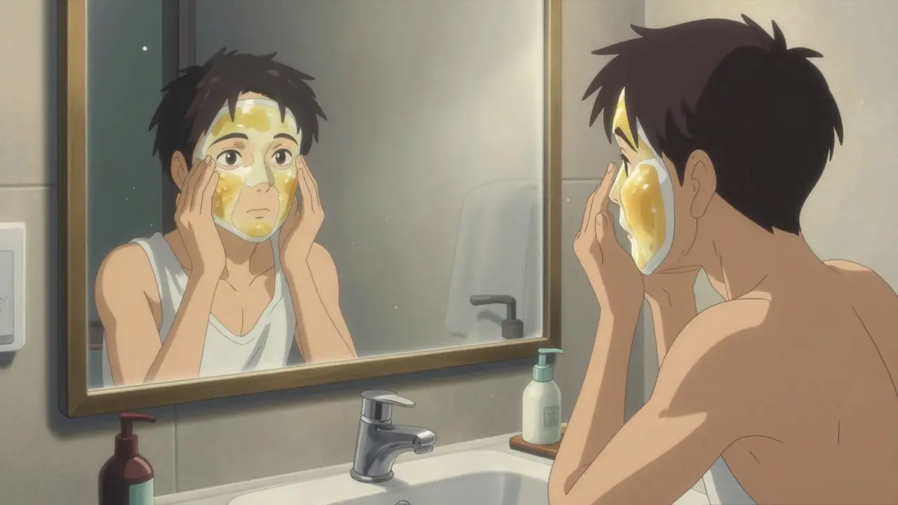 Person applying warm eye mask, reflecting healthy eyes in a serene bathroom