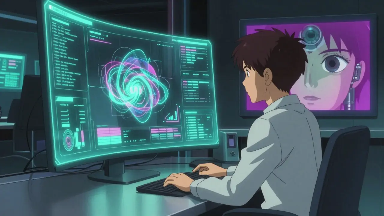 QA expert monitoring holographic AI data in futuristic lab