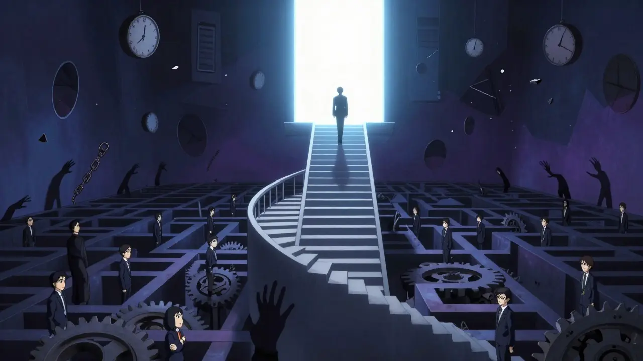 QA rep ascending stairs to board, bypassing tangled production maze