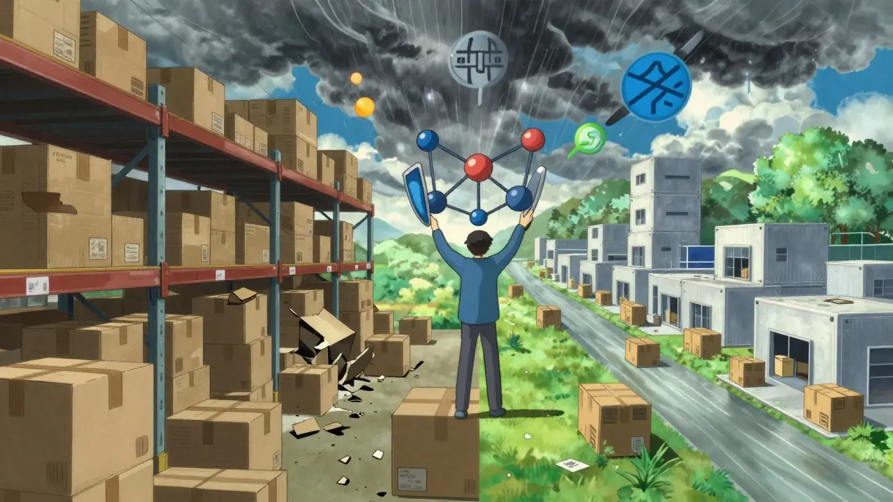 Split scene comparing crumbling old warehouses to resilient new supply hubs.