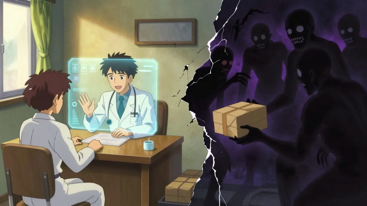 Split-screen anime art contrasting safe telehealth consultation with dark, shadowy illegal drug dealers.