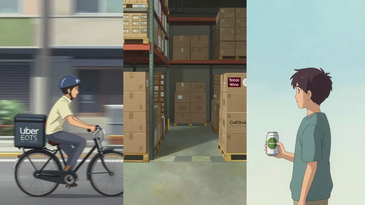 Split-screen manga art showing three ways to buy Avana drinks: delivery, warehouse, and solo.