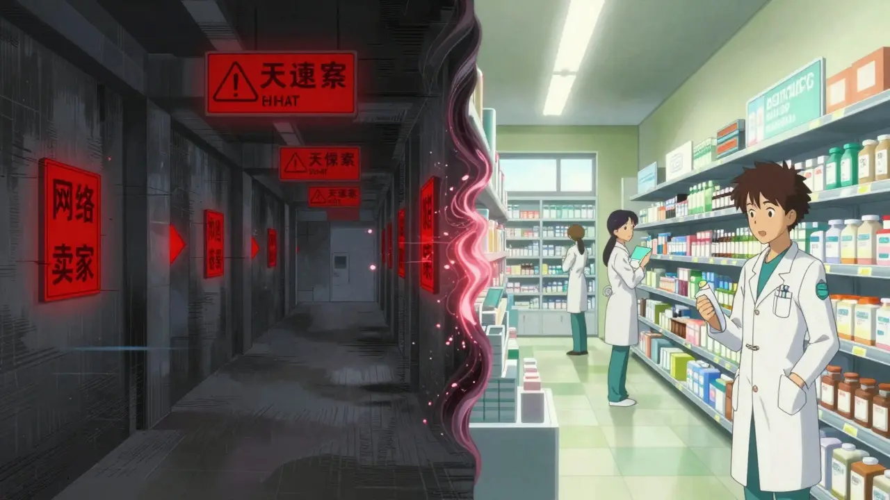 Split screen showing a dark dangerous path versus a bright safe pharmacy aisle
