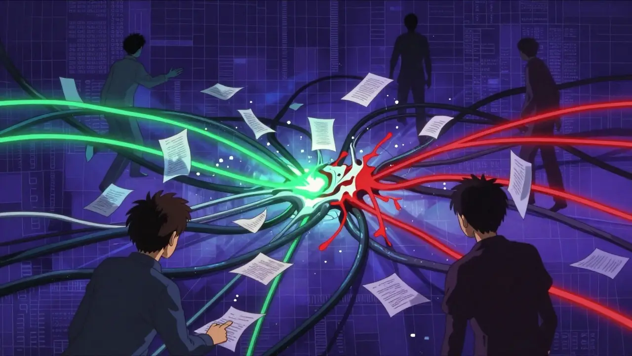 Surreal anime art showing tangled data wires and quality control failures