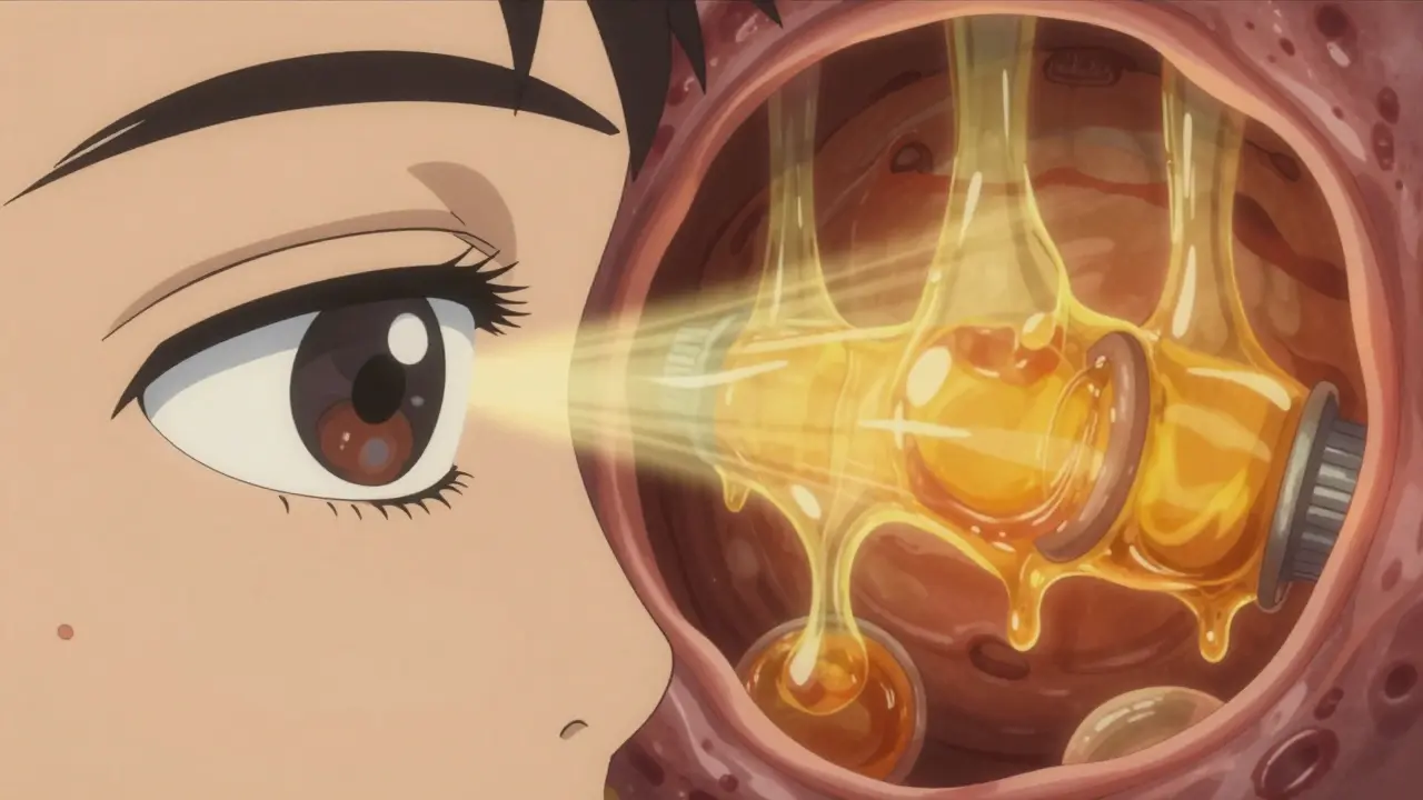 Surreal anime view of clogged eye glands melting with warm heat therapy