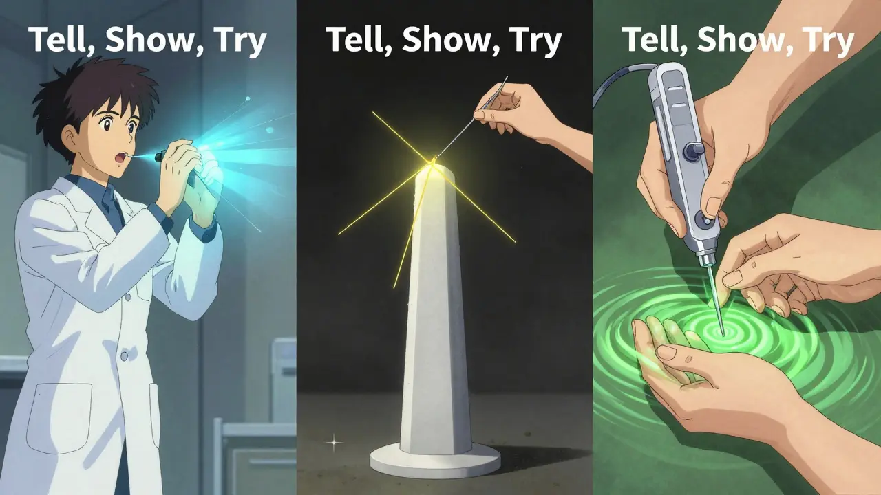Triptych showing tell, show, try injection training steps