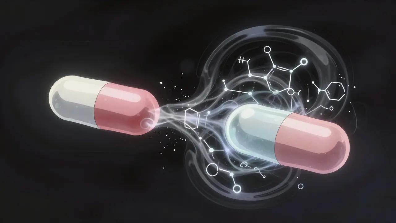 Two pills merging with swirling mathematical formulas and light effects