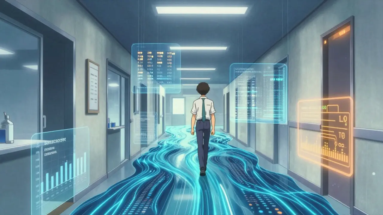 Abstract anime hallway transforming into flowing medical data streams