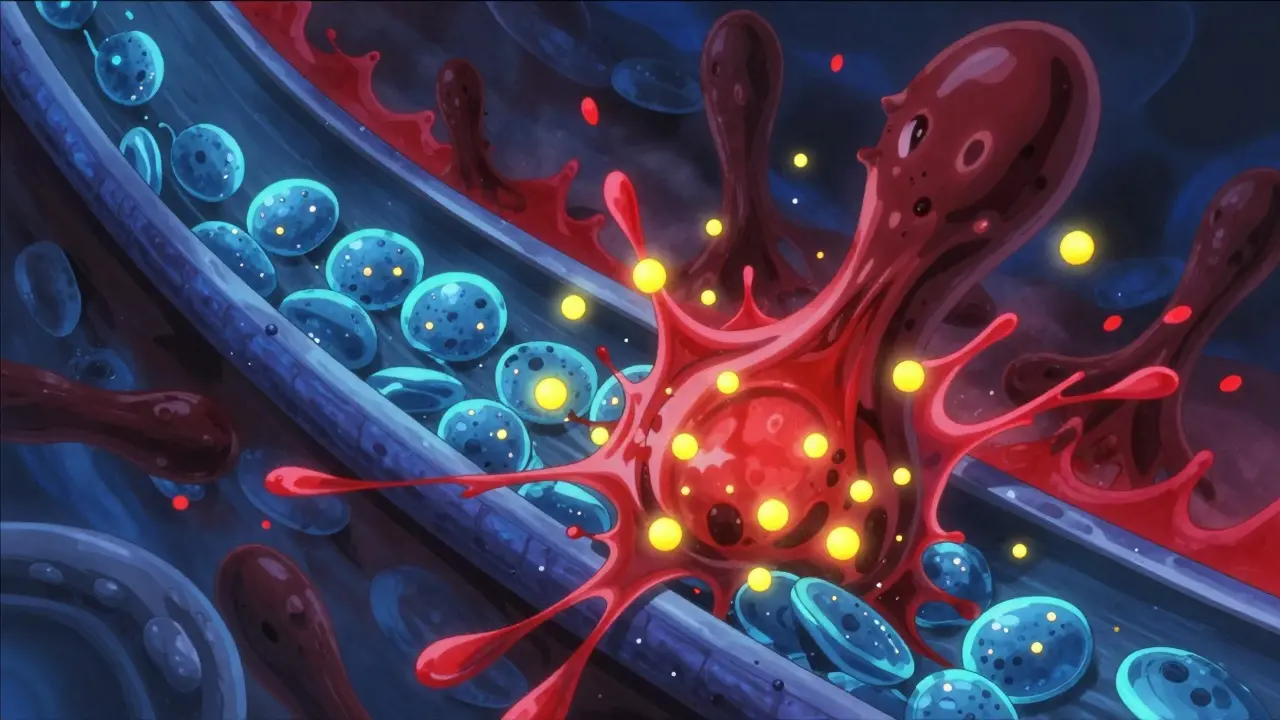 Abstract view of blood cells failing to clot due to drug interference inside a vein