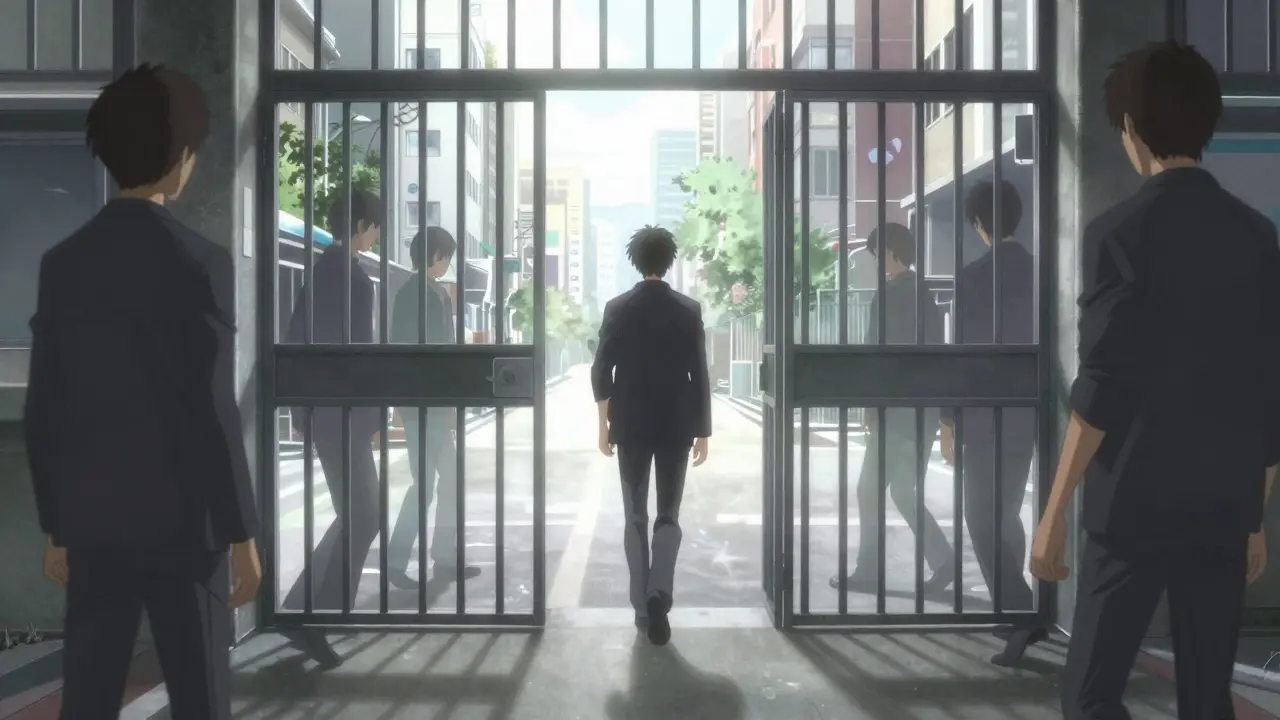 Anime figure exiting institutional gates into a disorienting city, surrounded by warning echoes.