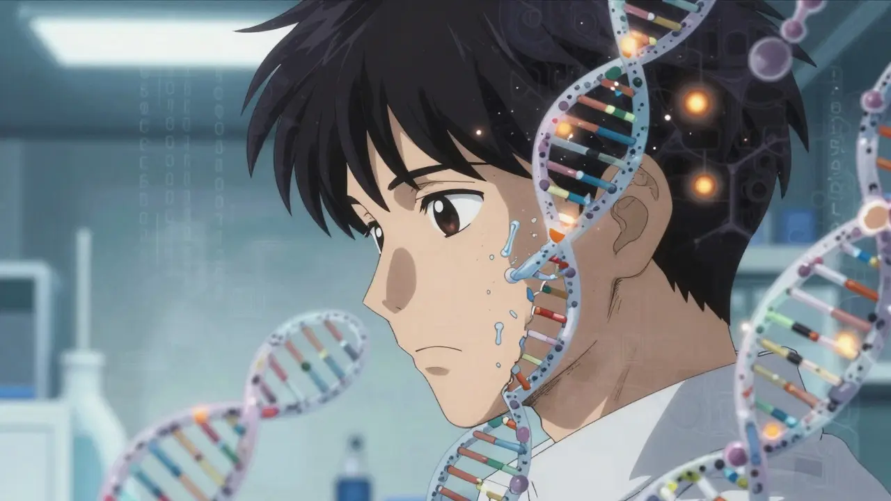 Anime portrait of a person merging with DNA strands, symbolizing genetic drug metabolism.