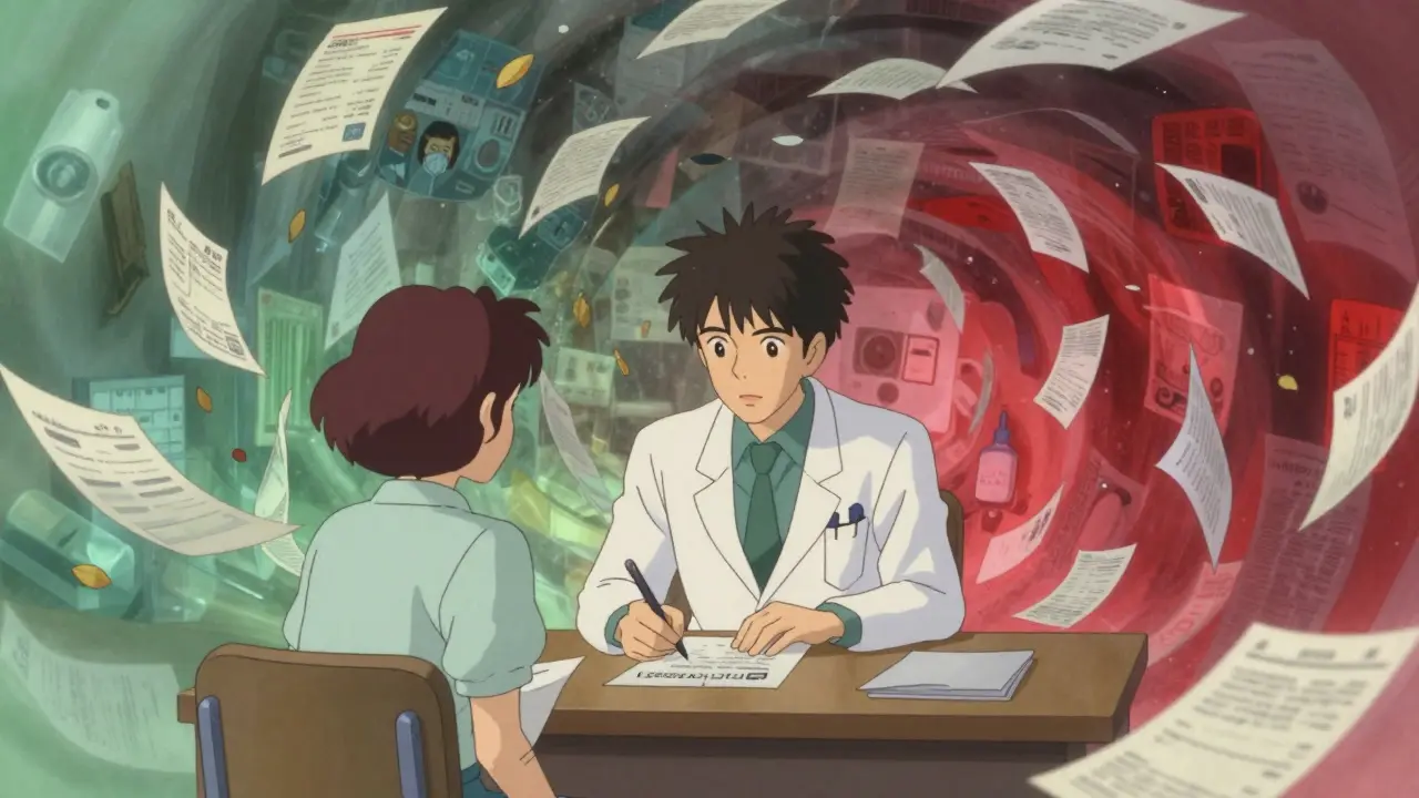Doctor and patient amid swirling storm of medical paperwork