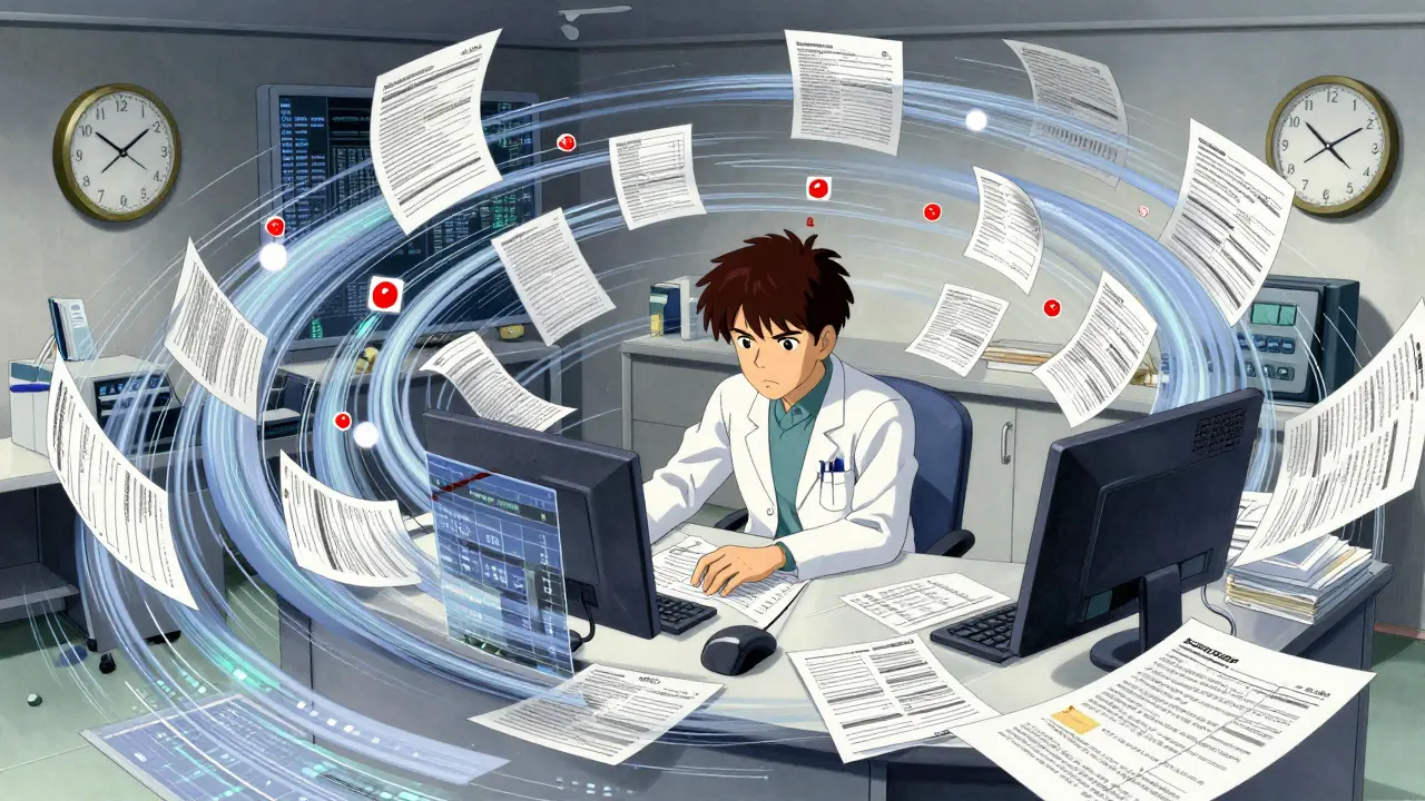Doctor surrounded by swirling paperwork and data streams representing admin burden