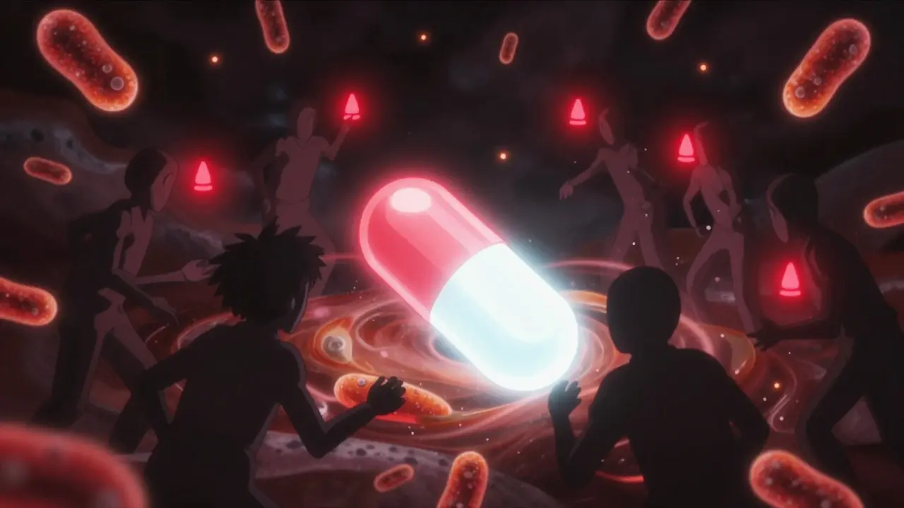 Dramatic anime scene showing immune cells reacting to a glowing medication capsule.