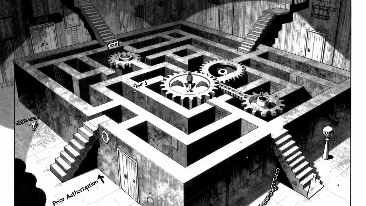Figure navigating bureaucratic maze of insurance gears and locks