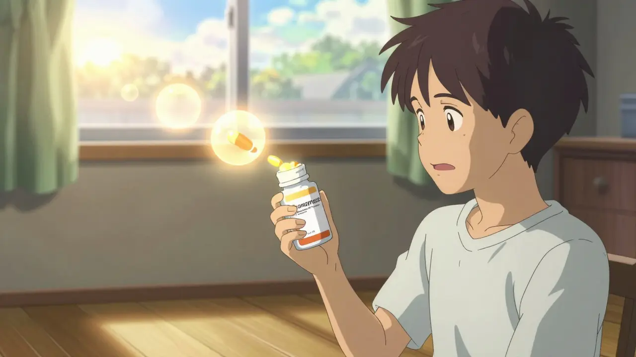 Glowing medicine pills merging with morning sunlight